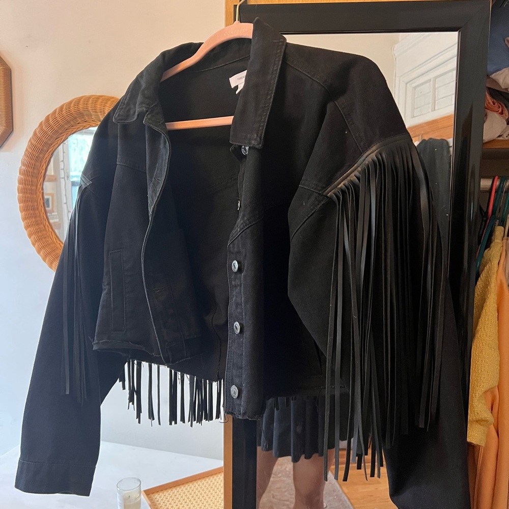 Black Denim Fringe Cropped Jacket